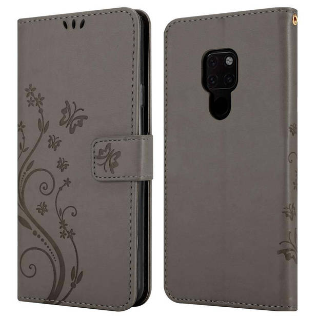 Cadorabo Hoesje geschikt voor Huawei MATE 20 in BLOEMEN GRIJS - Beschermhoes Case Cover Bloemen magnetische sluiting