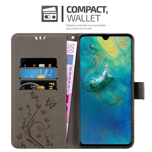 Cadorabo Hoesje geschikt voor Huawei MATE 20 in BLOEMEN GRIJS - Beschermhoes Case Cover Bloemen magnetische sluiting