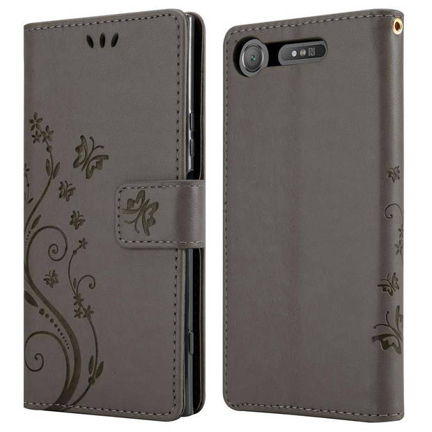 Cadorabo Hoesje geschikt voor Sony Xperia XZ1 in BLOEMEN GRIJS - Beschermhoes Case Cover Bloemen magnetische sluiting