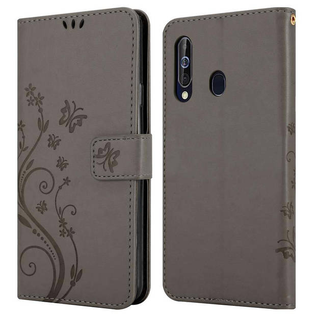 Cadorabo Hoesje geschikt voor Samsung Galaxy A60 / M40 in BLOEMEN GRIJS - Beschermhoes Case Cover Bloemen magnetische