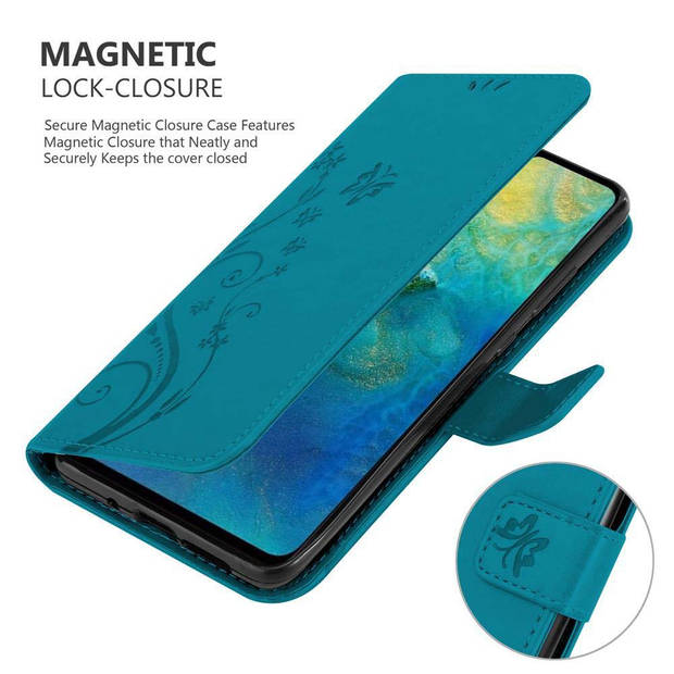 Cadorabo Hoesje geschikt voor Huawei MATE 20 in BLOEMEN BLAUW - Beschermhoes Case Cover Bloemen magnetische sluiting