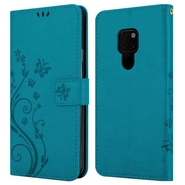 Cadorabo Hoesje geschikt voor Huawei MATE 20 in BLOEMEN BLAUW - Beschermhoes Case Cover Bloemen magnetische sluiting