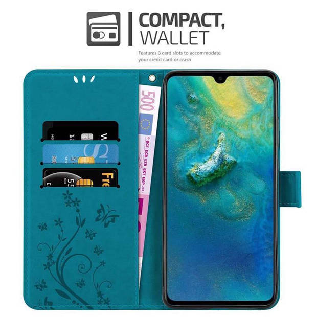 Cadorabo Hoesje geschikt voor Huawei MATE 20 in BLOEMEN BLAUW - Beschermhoes Case Cover Bloemen magnetische sluiting