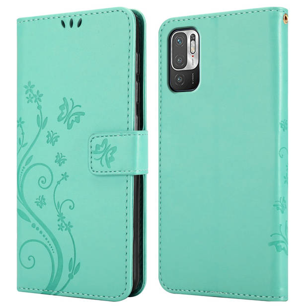 Cadorabo Hoesje geschikt voor Xiaomi RedMi NOTE 10 5G / POCO M3 PRO 5G in BLOEMEN TURKOOIS - Beschermhoes Case Cover