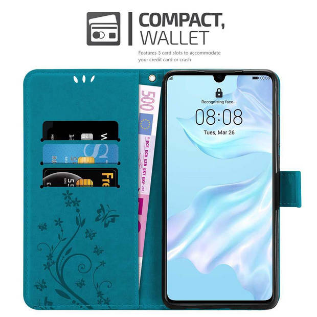 Cadorabo Hoesje geschikt voor Huawei P30 in BLOEMEN BLAUW - Beschermhoes Case Cover Bloemen magnetische sluiting