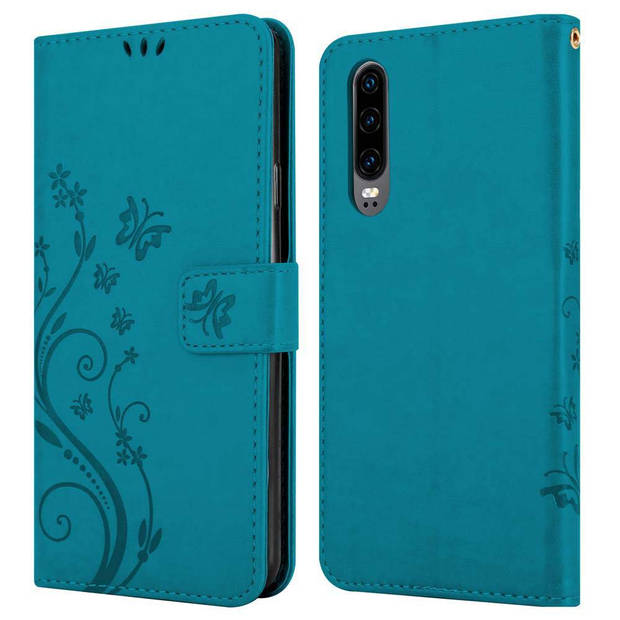 Cadorabo Hoesje geschikt voor Huawei P30 in BLOEMEN BLAUW - Beschermhoes Case Cover Bloemen magnetische sluiting