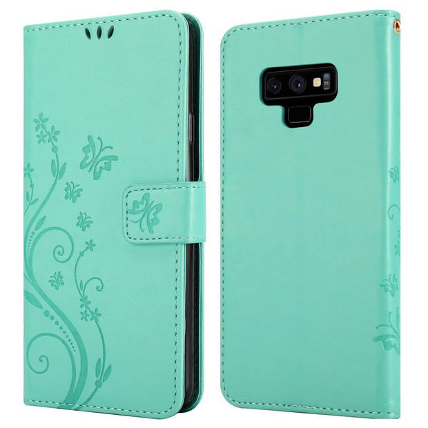 Cadorabo Hoesje geschikt voor Samsung Galaxy NOTE 9 in BLOEMEN TURKOOIS - Beschermhoes Case Cover Bloemen magnetische