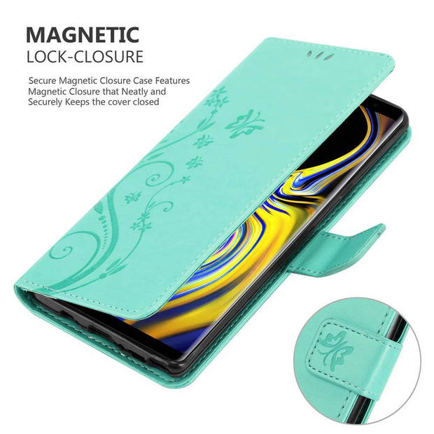 Cadorabo Hoesje geschikt voor Samsung Galaxy NOTE 9 in BLOEMEN TURKOOIS - Beschermhoes Case Cover Bloemen magnetische