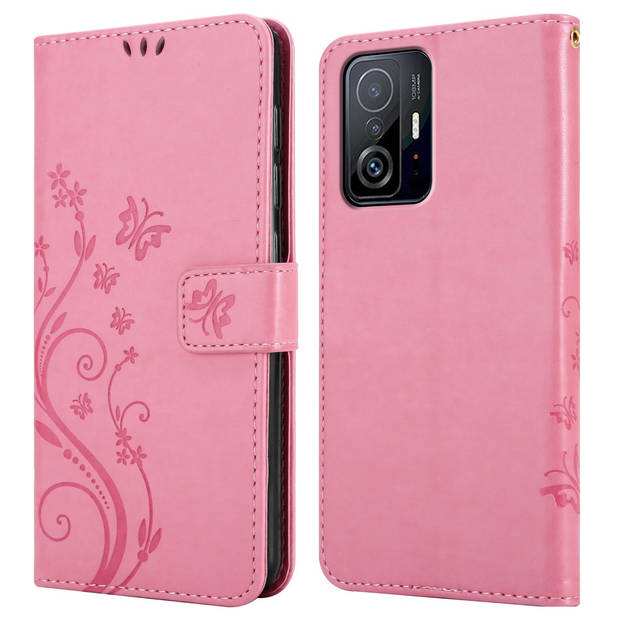 Cadorabo Hoesje geschikt voor Xiaomi 11T / 11T PRO in BLOEMEN ROZE - Beschermhoes Case Cover Bloemen magnetische