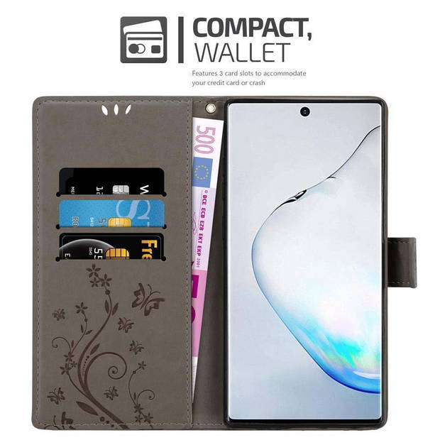 Cadorabo Hoesje geschikt voor Samsung Galaxy NOTE 10 in BLOEMEN GRIJS - Beschermhoes Case Cover Bloemen magnetische