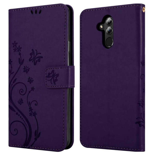 Cadorabo Hoesje geschikt voor Huawei MATE 20 LITE in BLOEMEN DONKER PAARS - Beschermhoes Case Cover Bloemen magnetische