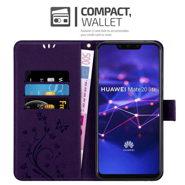 Cadorabo Hoesje geschikt voor Huawei MATE 20 LITE in BLOEMEN DONKER PAARS - Beschermhoes Case Cover Bloemen magnetische