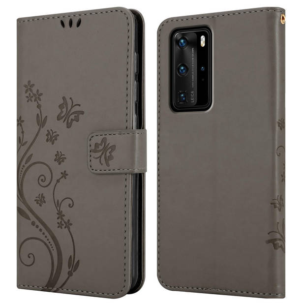 Cadorabo Hoesje geschikt voor Huawei P40 PRO / P40 PRO+ in BLOEMEN GRIJS - Beschermhoes Case Cover Bloemen magnetische