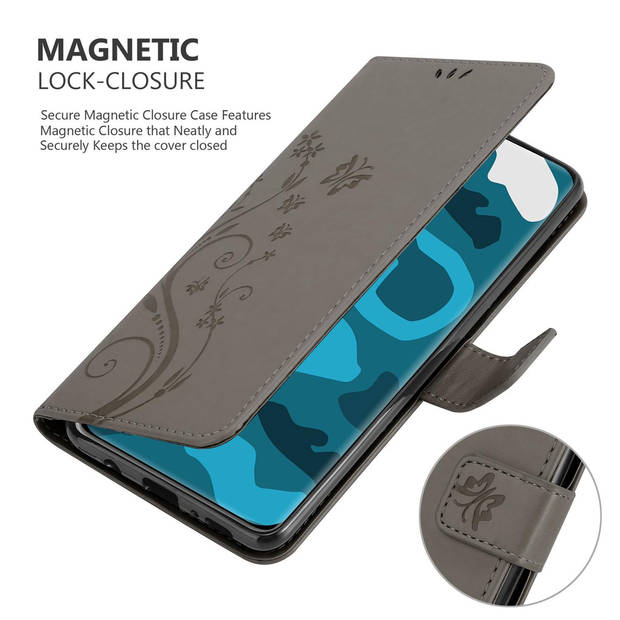 Cadorabo Hoesje geschikt voor Huawei P40 PRO / P40 PRO+ in BLOEMEN GRIJS - Beschermhoes Case Cover Bloemen magnetische