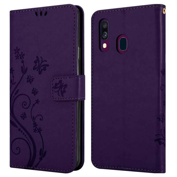 Cadorabo Hoesje geschikt voor Samsung Galaxy A40 in BLOEMEN DONKER PAARS - Beschermhoes Case Cover Bloemen magnetische