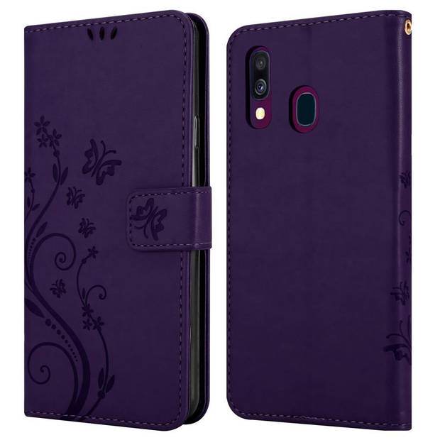 Cadorabo Hoesje geschikt voor Samsung Galaxy A40 in BLOEMEN DONKER PAARS - Beschermhoes Case Cover Bloemen magnetische