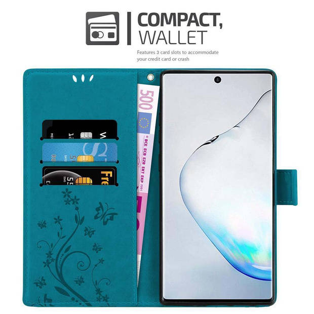 Cadorabo Hoesje geschikt voor Samsung Galaxy NOTE 10 in BLOEMEN BLAUW - Beschermhoes Case Cover Bloemen magnetische