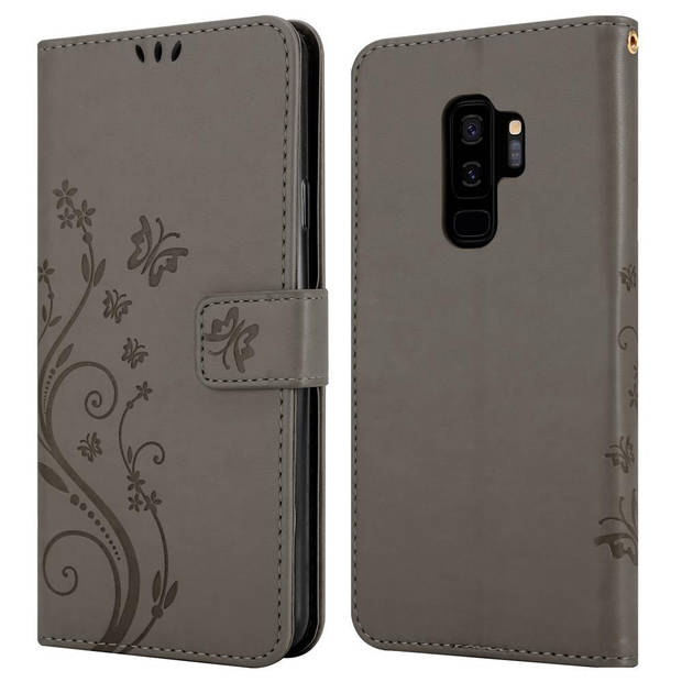 Cadorabo Hoesje geschikt voor Samsung Galaxy S9 PLUS in BLOEMEN GRIJS - Beschermhoes Case Cover Bloemen magnetische