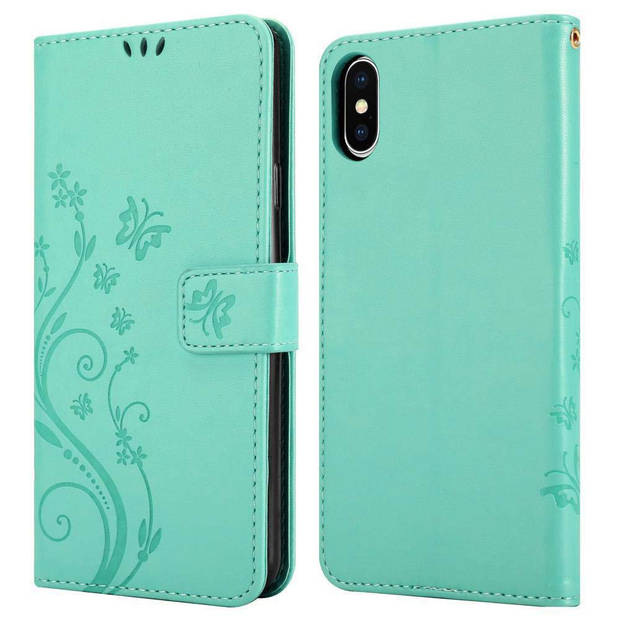 Cadorabo Hoesje geschikt voor Apple iPhone XS MAX in BLOEMEN TURKOOIS - Beschermhoes Case Cover Bloemen magnetische