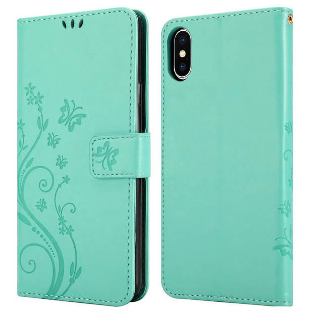 Cadorabo Hoesje geschikt voor Apple iPhone XS MAX in BLOEMEN TURKOOIS - Beschermhoes Case Cover Bloemen magnetische