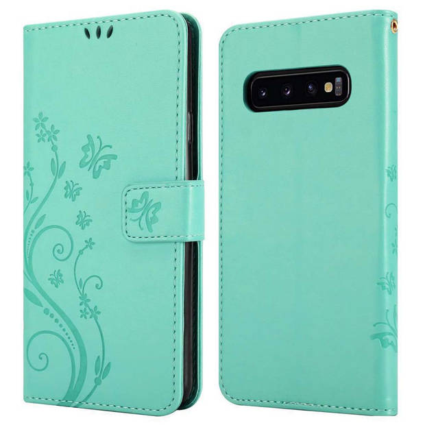 Cadorabo Hoesje geschikt voor Samsung Galaxy S10 PLUS in BLOEMEN TURKOOIS - Beschermhoes Case Cover Bloemen magnetische