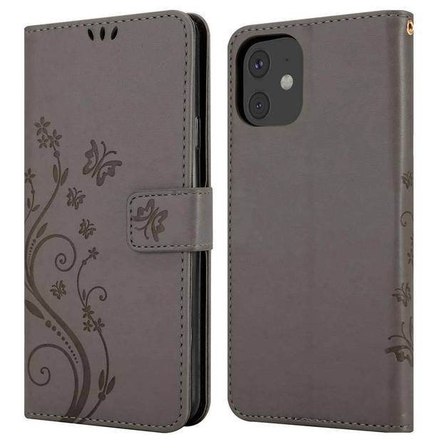 Cadorabo Hoesje geschikt voor Apple iPhone 11 in BLOEMEN GRIJS - Beschermhoes Case Cover Bloemen magnetische sluiting