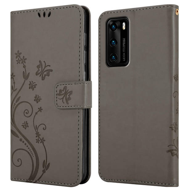 Cadorabo Hoesje geschikt voor Huawei P40 in BLOEMEN GRIJS - Beschermhoes Case Cover Bloemen magnetische sluiting