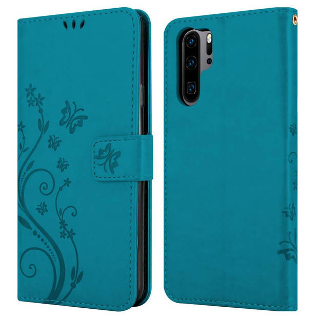 Cadorabo Hoesje geschikt voor Huawei P30 PRO in BLOEMEN BLAUW - Beschermhoes Case Cover Bloemen magnetische sluiting