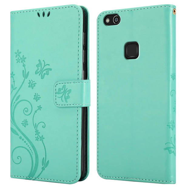 Cadorabo Hoesje geschikt voor Huawei P10 LITE in BLOEMEN TURKOOIS - Beschermhoes Case Cover Bloemen magnetische sluiting