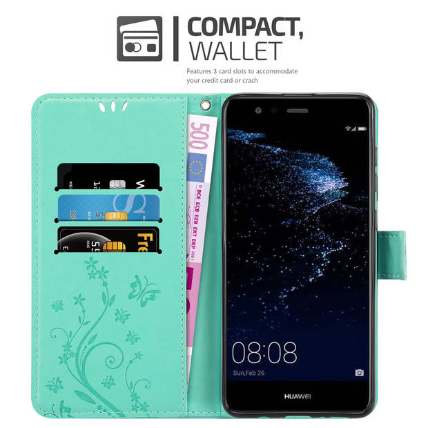 Cadorabo Hoesje geschikt voor Huawei P10 LITE in BLOEMEN TURKOOIS - Beschermhoes Case Cover Bloemen magnetische sluiting