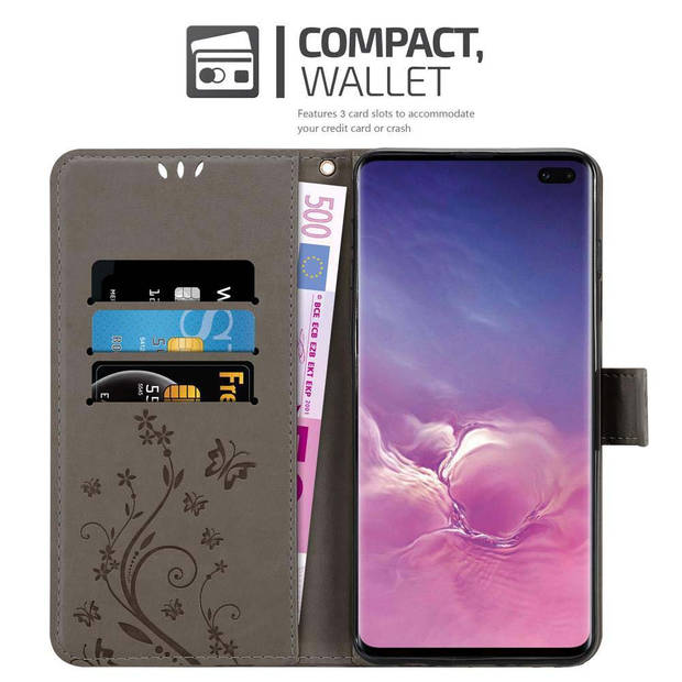 Cadorabo Hoesje geschikt voor Samsung Galaxy S10 PLUS in BLOEMEN GRIJS - Beschermhoes Case Cover Bloemen magnetische