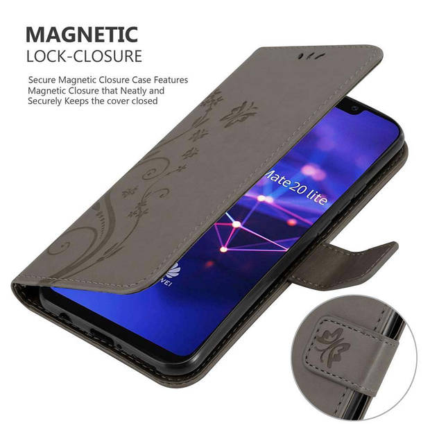 Cadorabo Hoesje geschikt voor Huawei MATE 20 LITE in BLOEMEN GRIJS - Beschermhoes Case Cover Bloemen magnetische