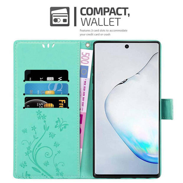 Cadorabo Hoesje geschikt voor Samsung Galaxy NOTE 10 in BLOEMEN TURKOOIS - Beschermhoes Case Cover Bloemen magnetische