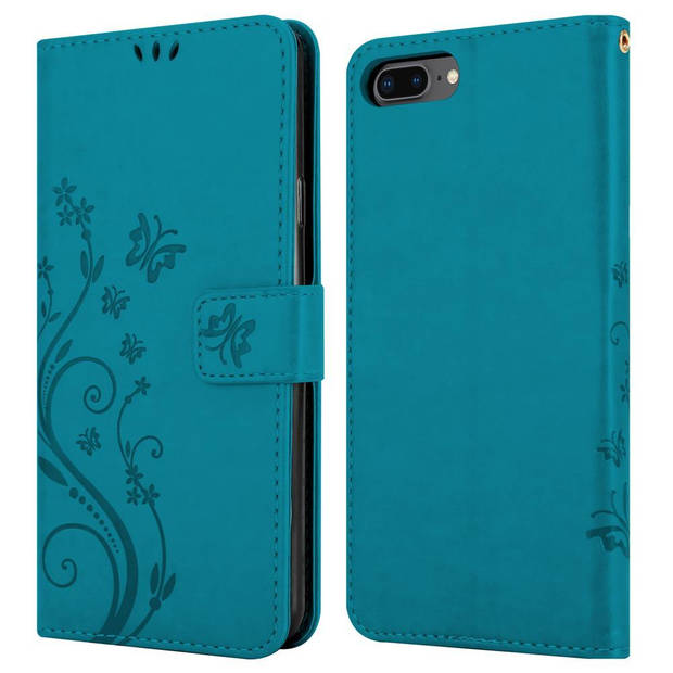 Cadorabo Hoesje geschikt voor Apple iPhone 7 PLUS / 7S PLUS / 8 PLUS in BLOEMEN BLAUW - Beschermhoes Case Cover Bloemen