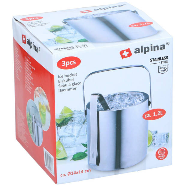 Alpina IJsemmer inclusief tang - ijsklontjes houder - rvs - zilver - 14 x 14 cm - IJsemmers