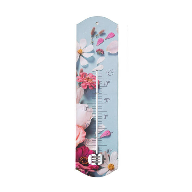 Alma Garden Binnen/buiten thermometer met lentebloemen print - blauw/roze - metaal - 29 x 6.5 cm - Buitenthermometers