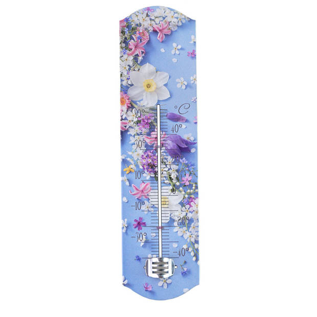 Alma Garden Binnen/buiten thermometer met lentebloemen print - blauw - metaal - 29 x 6.5 cm - Buitenthermometers