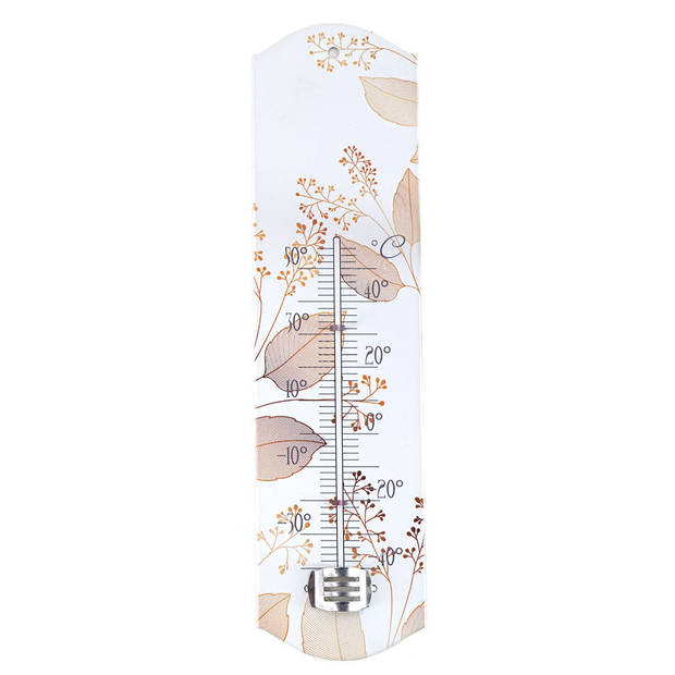 Alma Garden Binnen/buiten thermometer met lentebloemen print - beige - metaal - 29 x 6.5 cm - Buitenthermometers