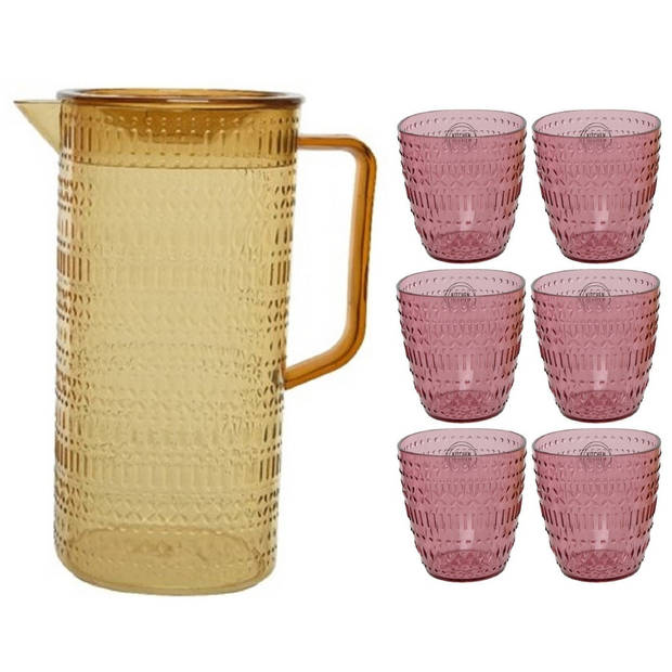 Gele schenkkan/waterkan/sapkan/limonadekan set met 6 roze glazen - Schenkkannen