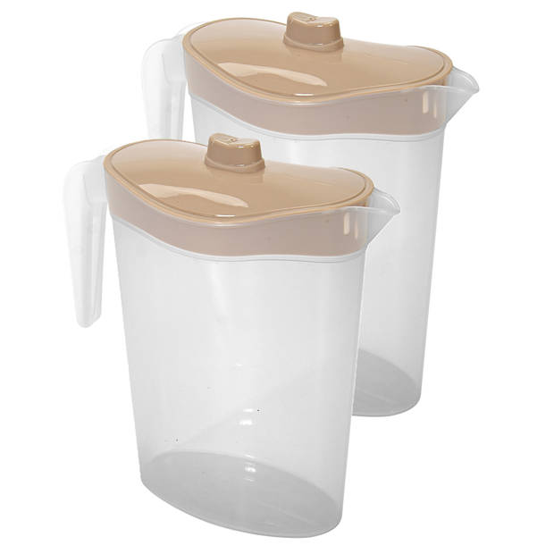 Hega Hogar Waterkan/sapkan met beige deksel - 2x - 1.5 liter - kunststof - 9 x 23 cm - Schenkkannen