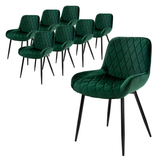 ML-Design Set van 8 Eetkamerstoelen Eetkamerstoel met rugleuning en armleuningen, donkergroen, fluwelen zitting, metalen