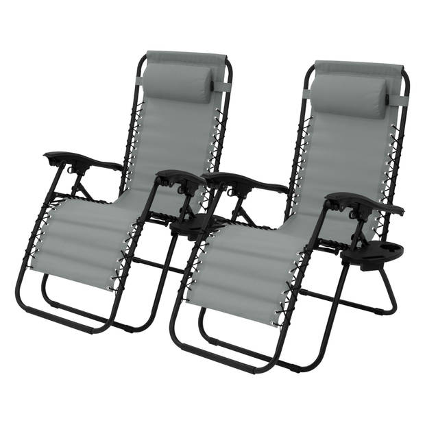 Set van 2 inklapbare relaxstoelen grijs met verstelbare hoofdsteun & rugleuning incl. bekerhouder van ML-Design