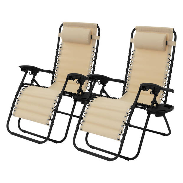 Set van 2 inklapbare relaxfauteuils Beige met verstelbare hoofdsteun en rugleuning incl. bekerhouder ML-Design