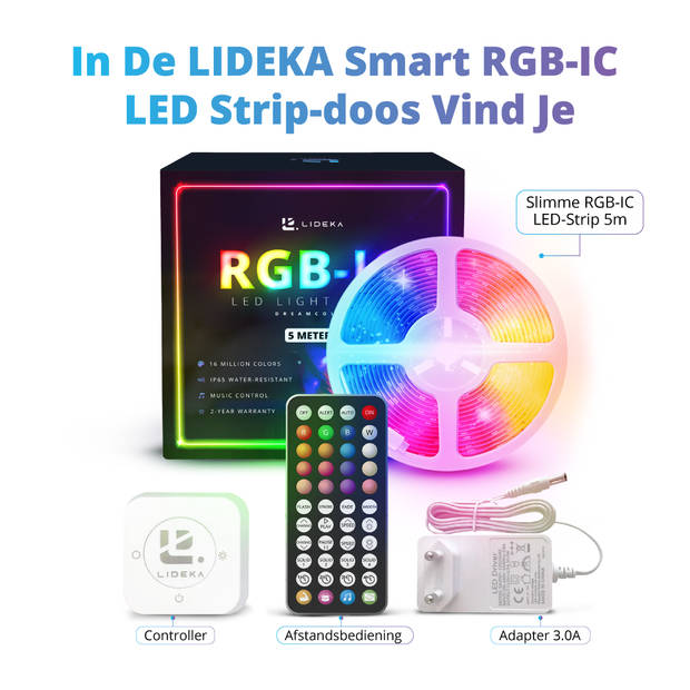 Lideka - 5M RGB+IC LED-strip - Afstandsbediening - Gaming-lichtstrip - 150 LED-lampjes - Knipbaar - Zelfklevend