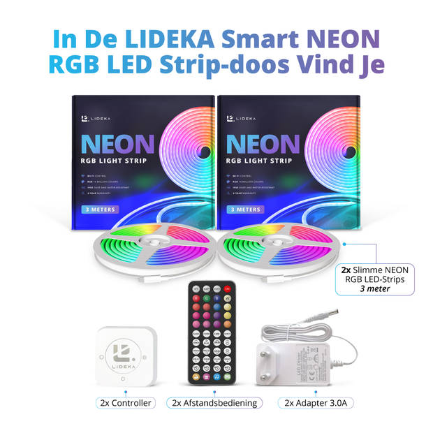 Lideka - 6M NEON RGB LED-strip - Afstandsbediening - IP68 - Gaming-lichtstrip - Neonlamp - Zelfklevend - Buiten LED