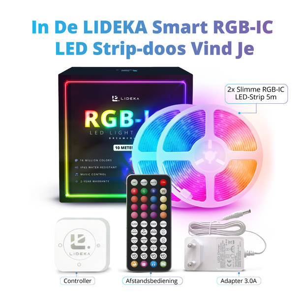 Lideka - LED Strip 10m (2x5m) RGB + IC - Afstandsbediening - Gaming Lichtstrip met App - 300 LEDs - Zelfklevend Licht