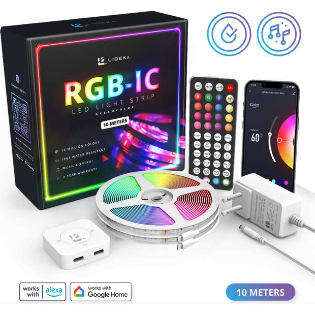 Lideka - LED Strip 10m (2x5m) RGB + IC - Afstandsbediening - Gaming Lichtstrip met App - 300 LEDs - Zelfklevend Licht