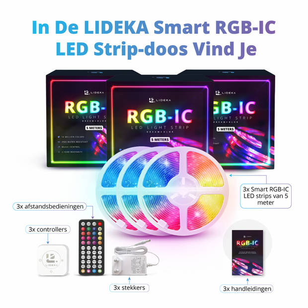 Lideka - LED Strip 15m (3x5m) RGB + IC - Afstandsbediening - Gaming Lichtstrip met App - 450 LEDs - Zelfklevend Licht