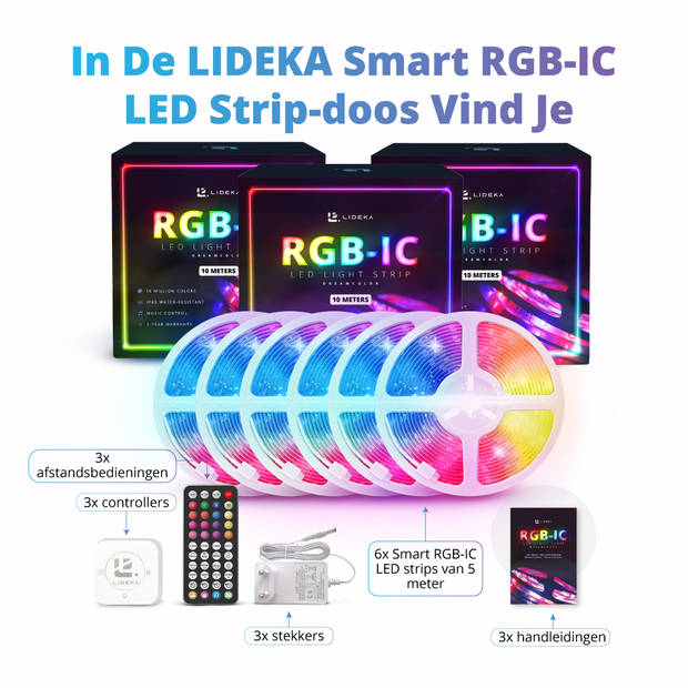 Lideka - LED Strip 30m (6x5m) RGB + IC - Afstandsbediening - Gaming Lichtstrip met App - 750 LEDs - Zelfklevend Licht