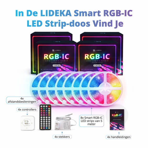 Lideka - LED Strip 40m (8x5m) RGB + IC - Afstandsbediening - Gaming Lichtstrip met App - 1200 LEDs - Zelfklevend Licht